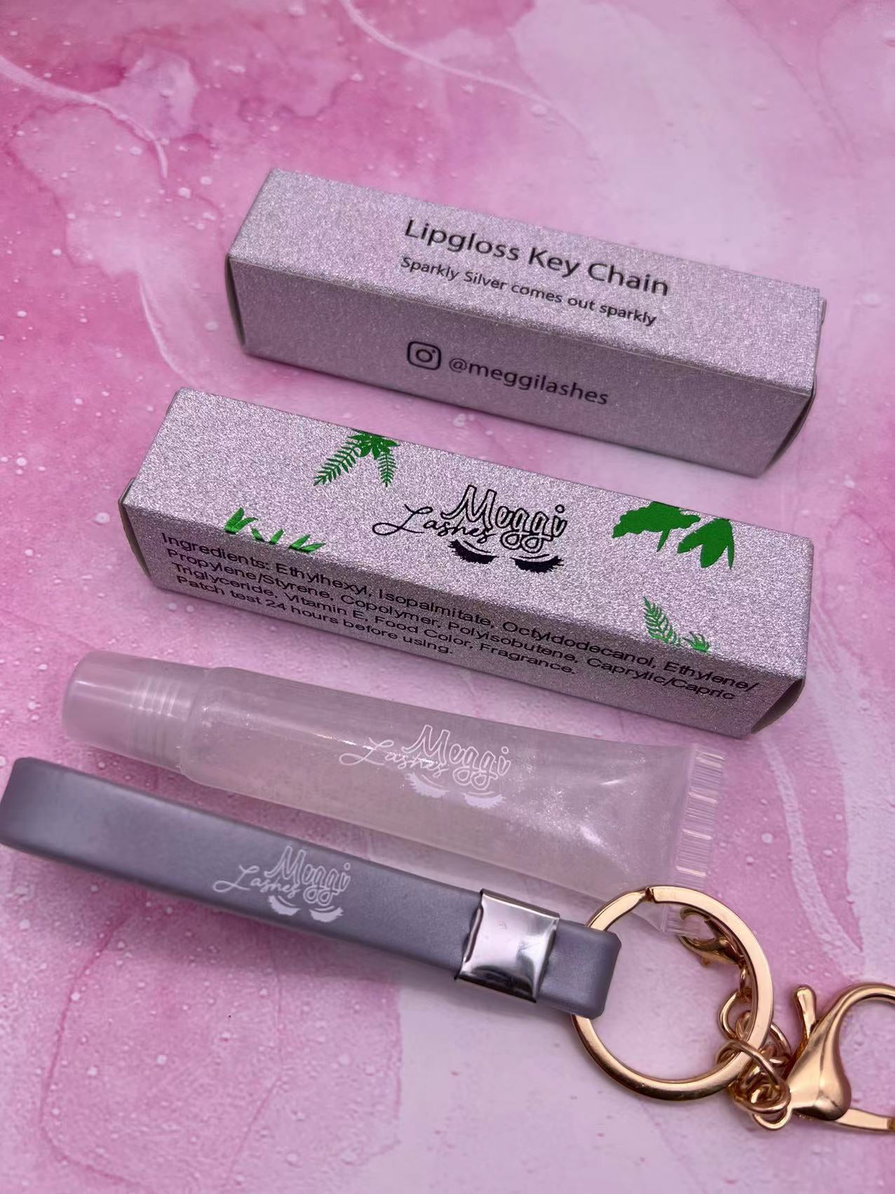 Silver sparkly Lip Gloss keychain White Peach Meggi Lashes